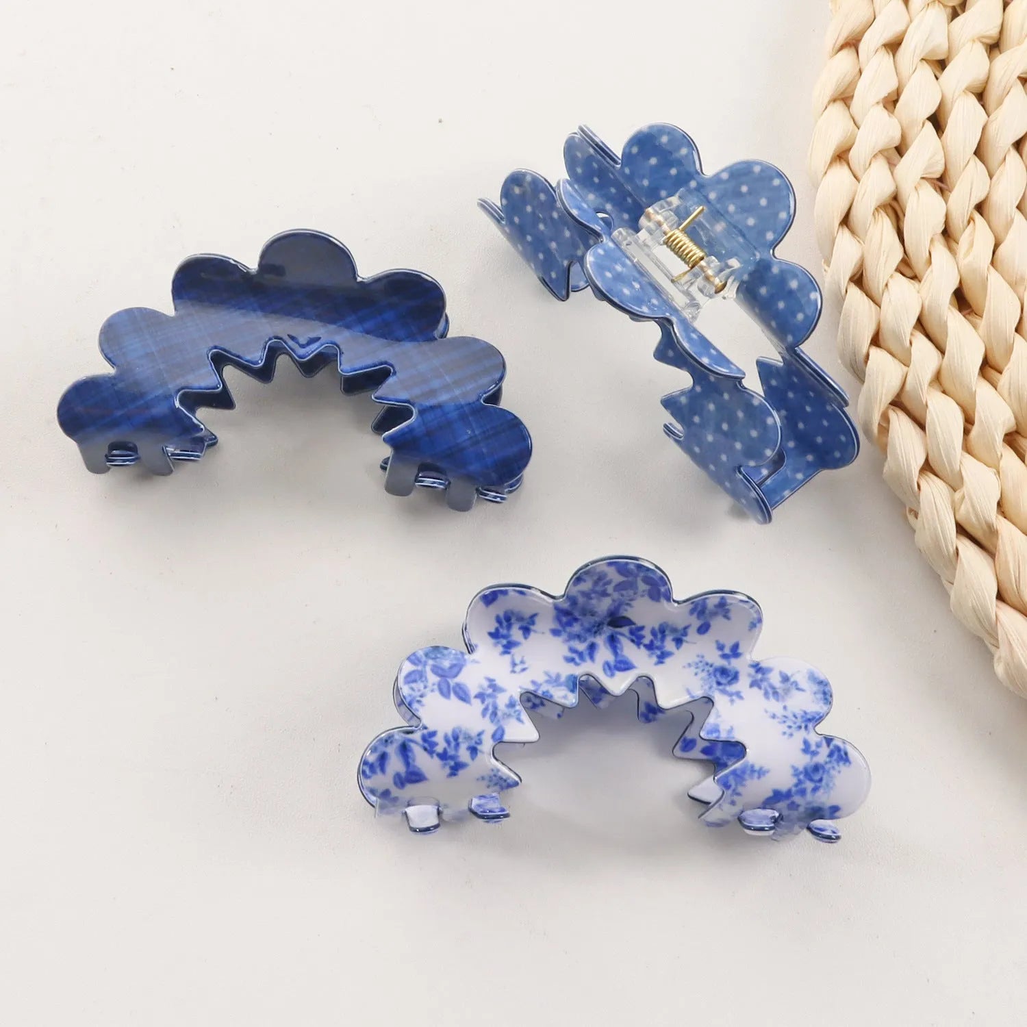 PVC hair clip barrettes for women back head asymmetric natural style blue series multicolour patterns