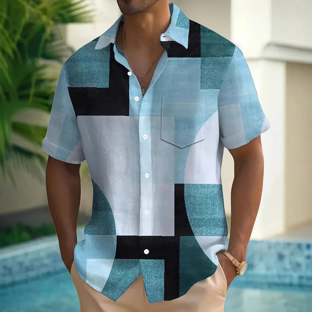 Men's loose fit cardigan shirt with retro geometric 3D printed squares in contrast colours