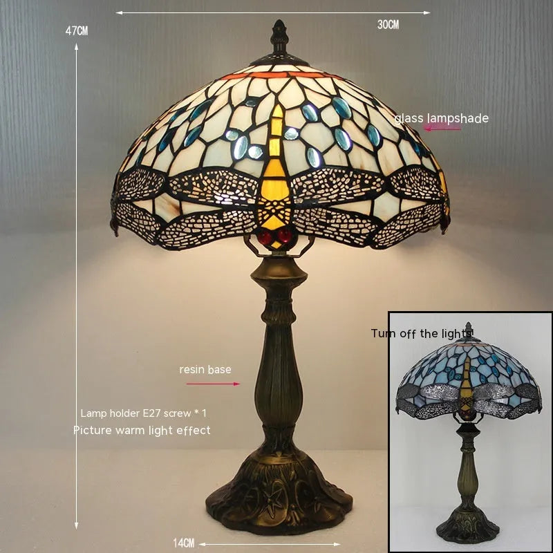 Tiffany style dragonfly stone table lamp in retro European design with coloured dragonfly motifs
