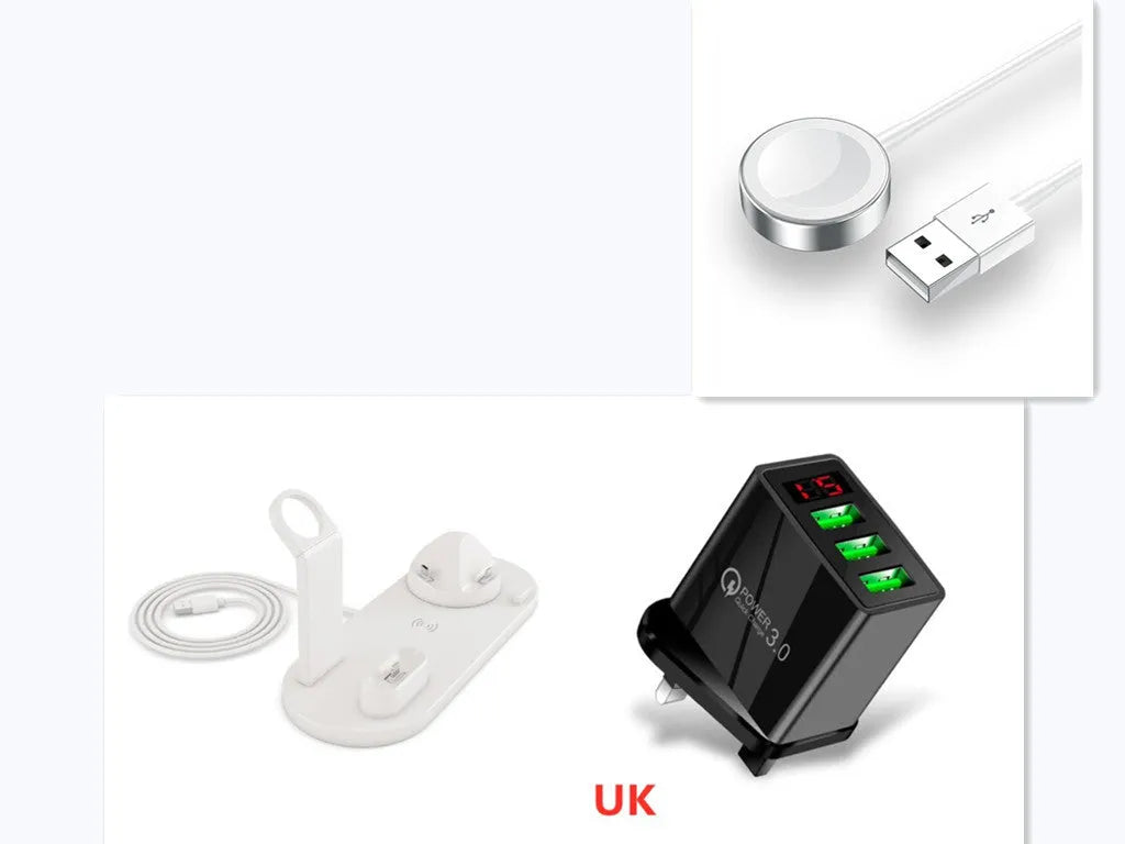 4 in 1 wireless charger stand for iPhone Samsung iWatch AirPods in black silicone material with 360 degree rotating dock