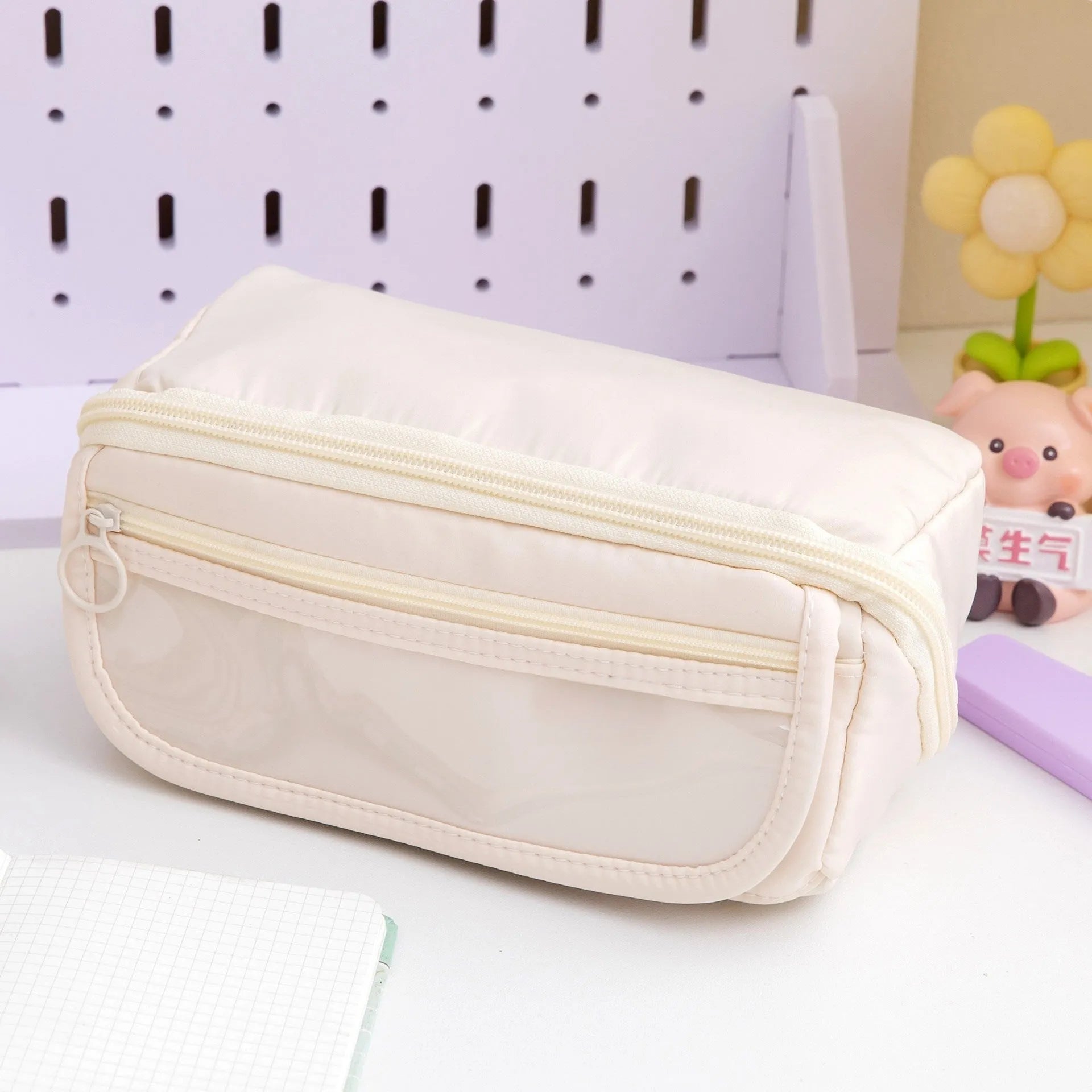 Korean-style canvas pencil case with 10-layer flip design open to show multiple compartments