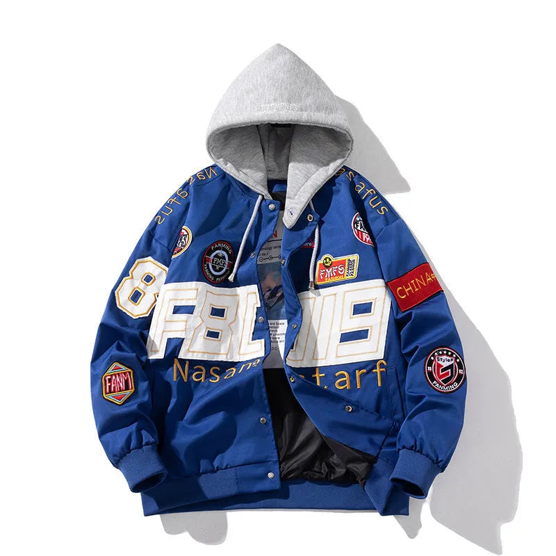 American motorcycle baseball uniform jacket in black, red, or blue with removable hood and cotton-padded lining