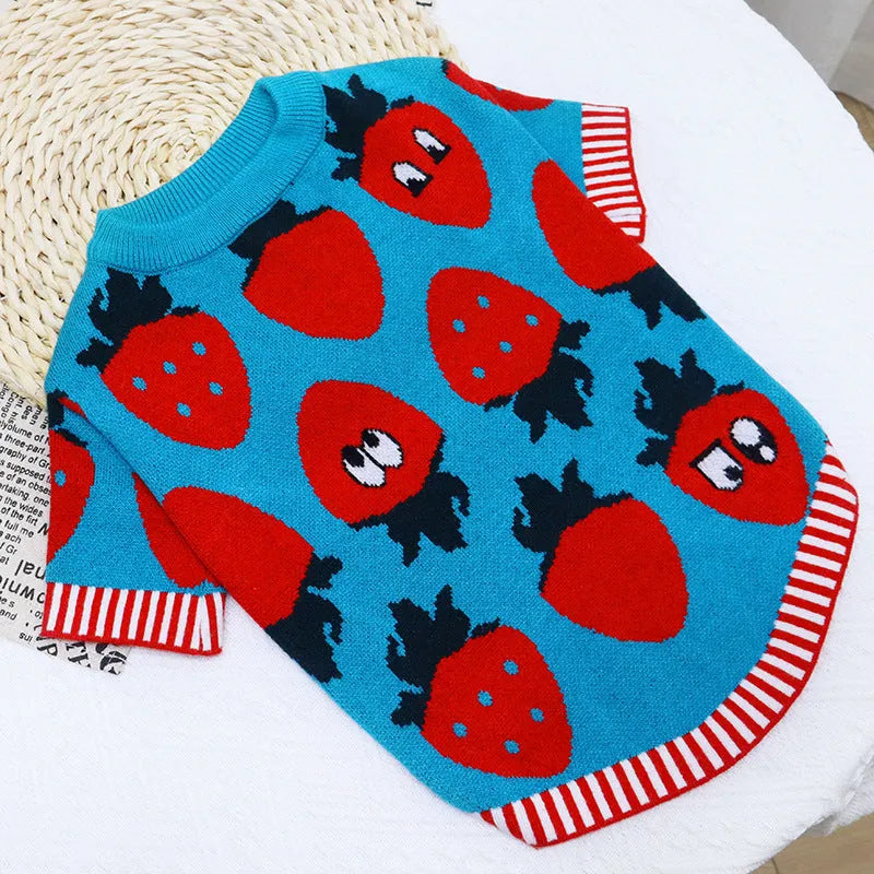 Cartoon design wool dog sweater with button front in rabbit, pig, strawberry, or flower patterns