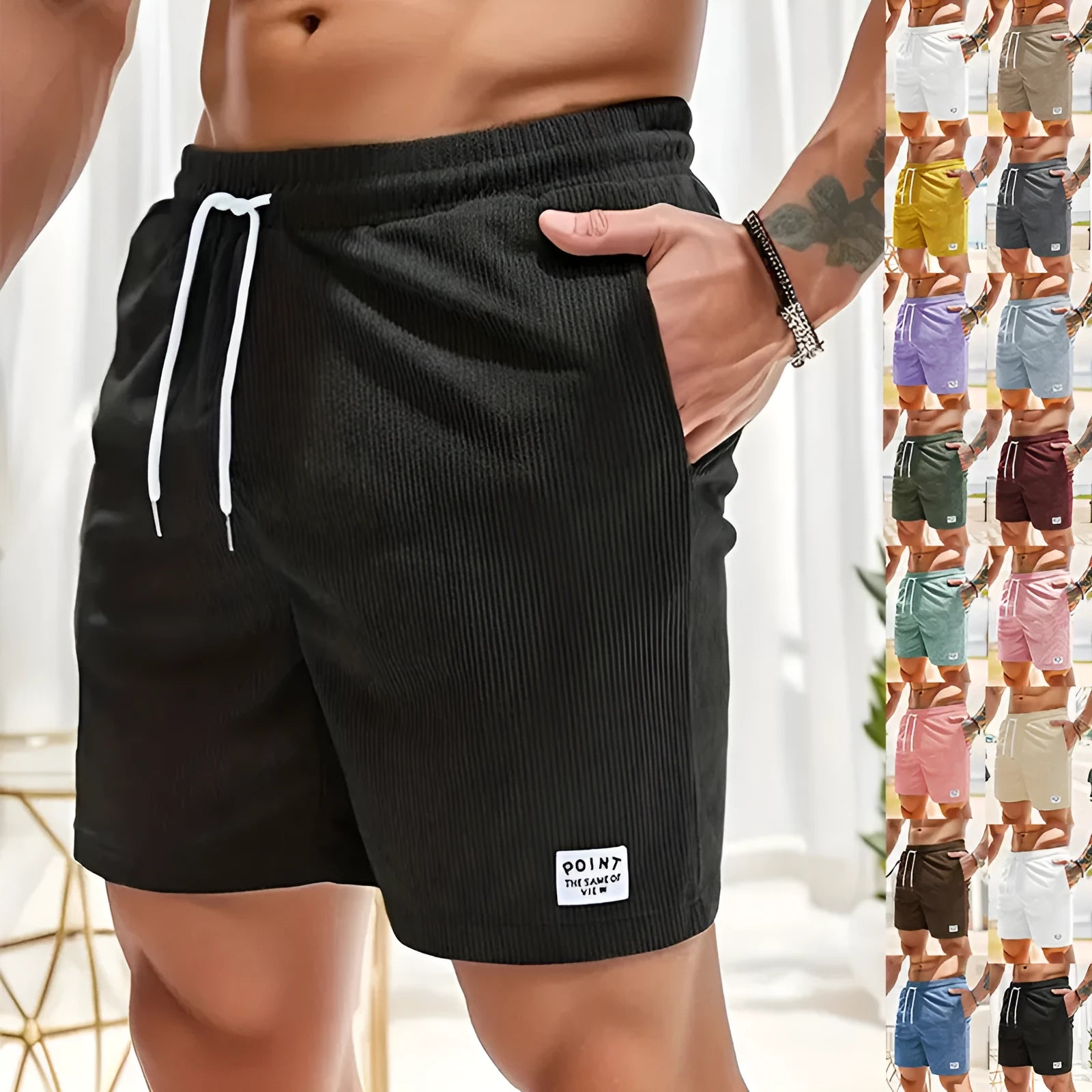 Mens lace-up drawstring corduroy sports shorts in army green and black, front view, straight-leg fit