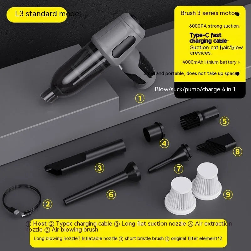 Black cordless handheld car vacuum cleaner with attached brush nozzle and charging cable.
