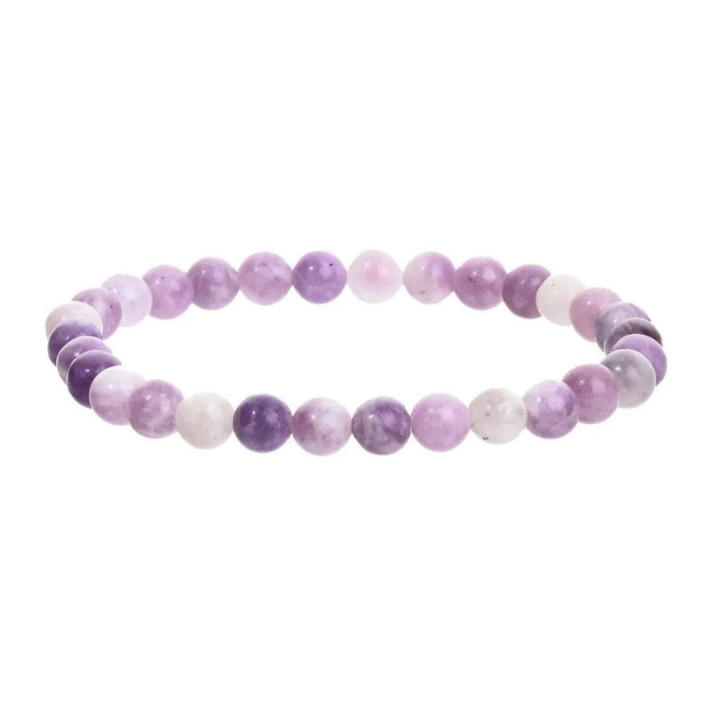 Purple natural stone geometric bead bracelet on elastic cord showing 4mm, 6mm, 8mm and 10mm size options
