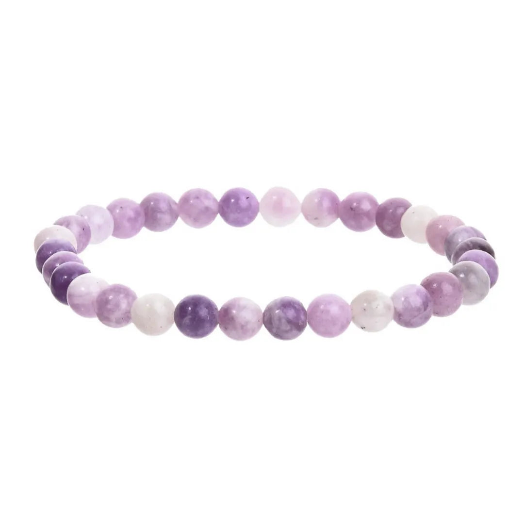 Purple natural stone geometric bead bracelet on elastic cord showing 4mm, 6mm, 8mm and 10mm size options