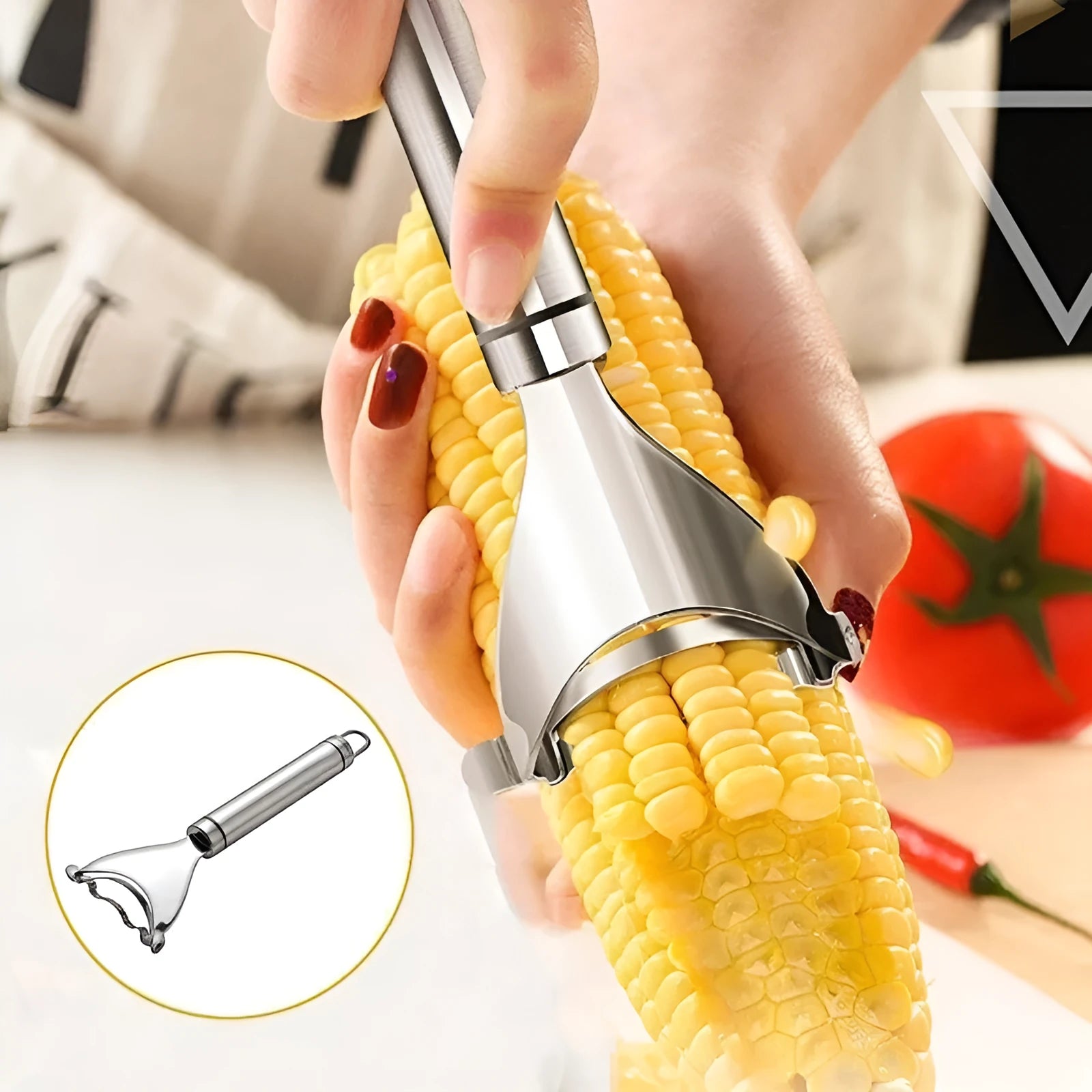 Stainless steel corn planer kitchen tool on a wooden surface