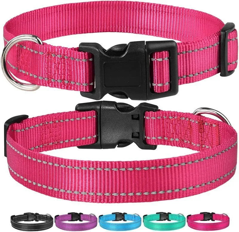 Adjustable chest strap dog collar in nylon material showing colour options
