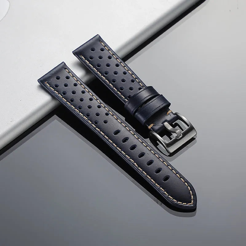 New business hollow-out first layer cowhide watch strap in six colour options on white background