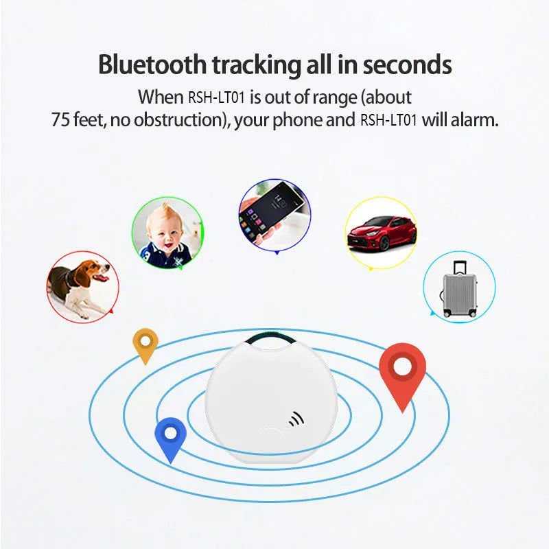 Plastic Bluetooth pet tracker in white, 40x40x10mm, on a cat collar