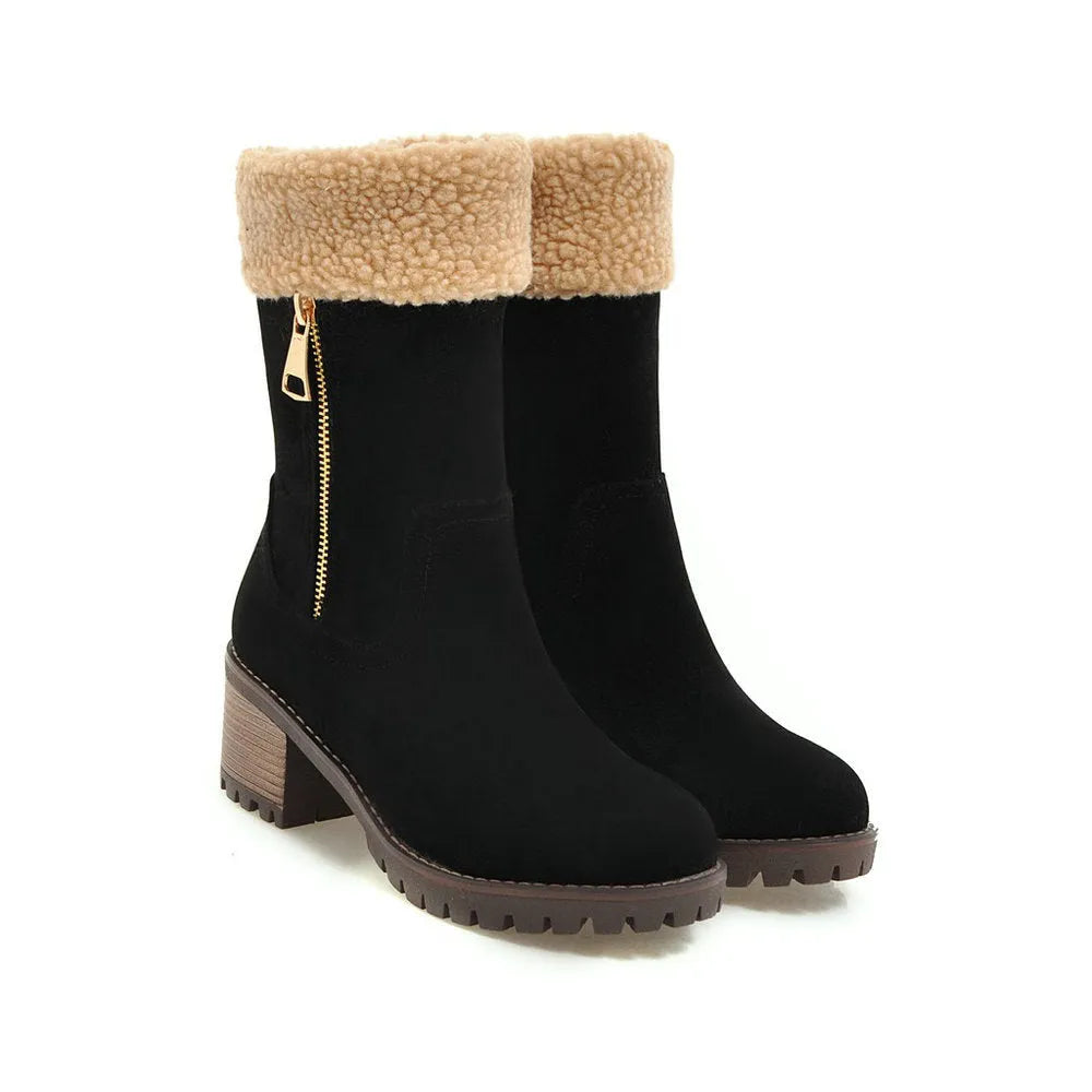 A pair of snow boots in black, grey, green, or orange with a rubber sole and plush lining.
