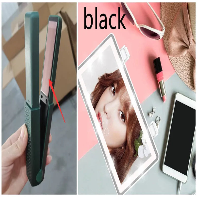 Pink and green mini cordless USB hair straightener with ceramic plates open on a white background.