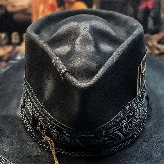 Handmade felt denim wool skull hat with cone crown in skull pattern colour