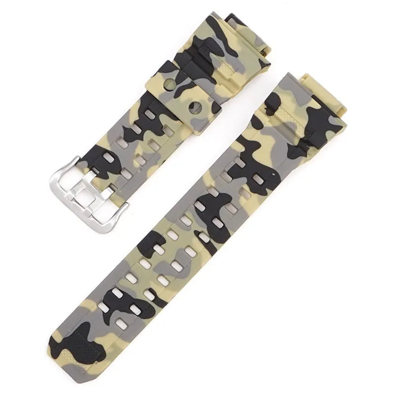 Camouflage pattern TPU watch strap with silver buckle on a 20mm watch lug