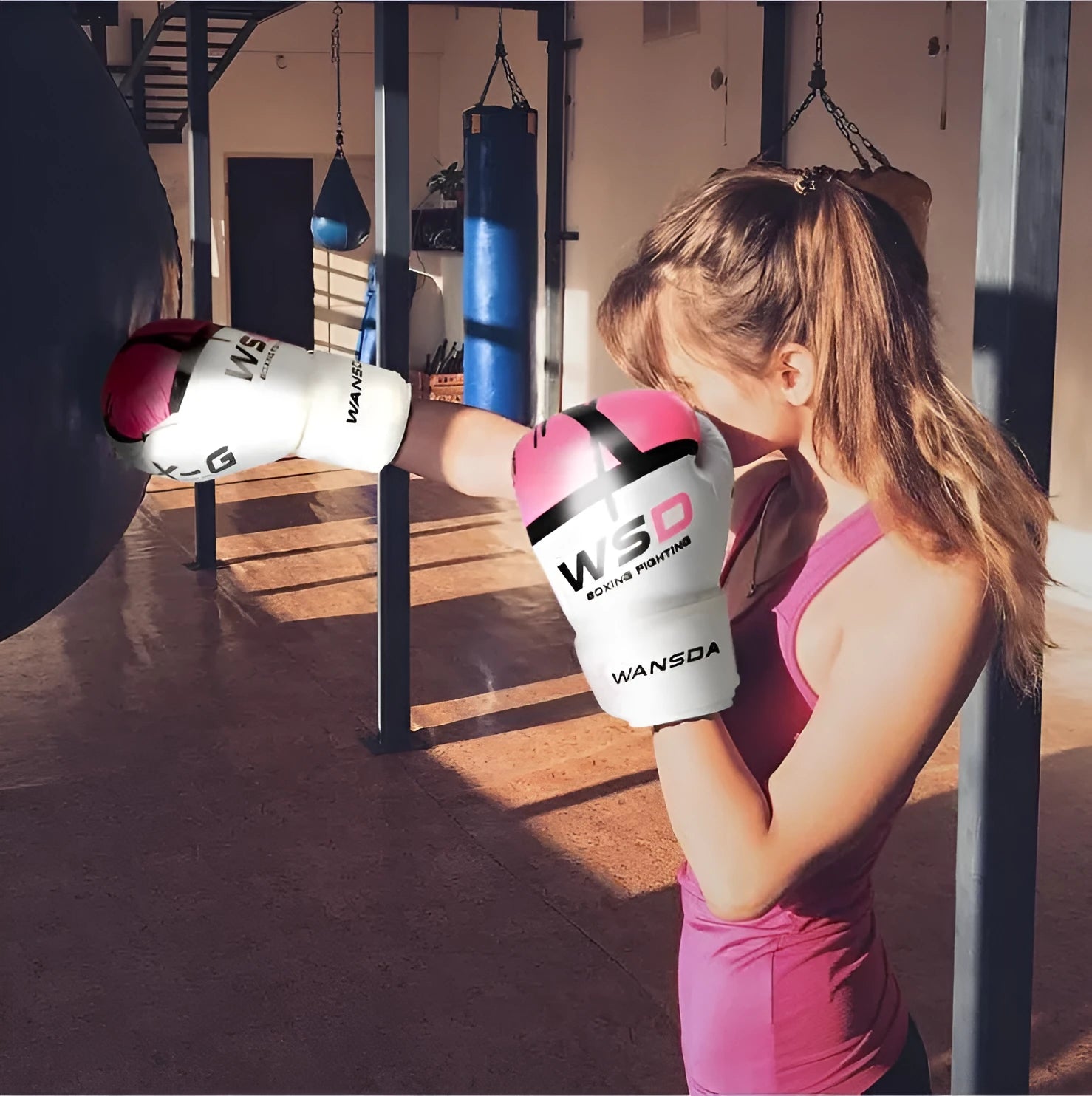 Training boxing gloves in four colours with palm width and length sizing guide for children and adults