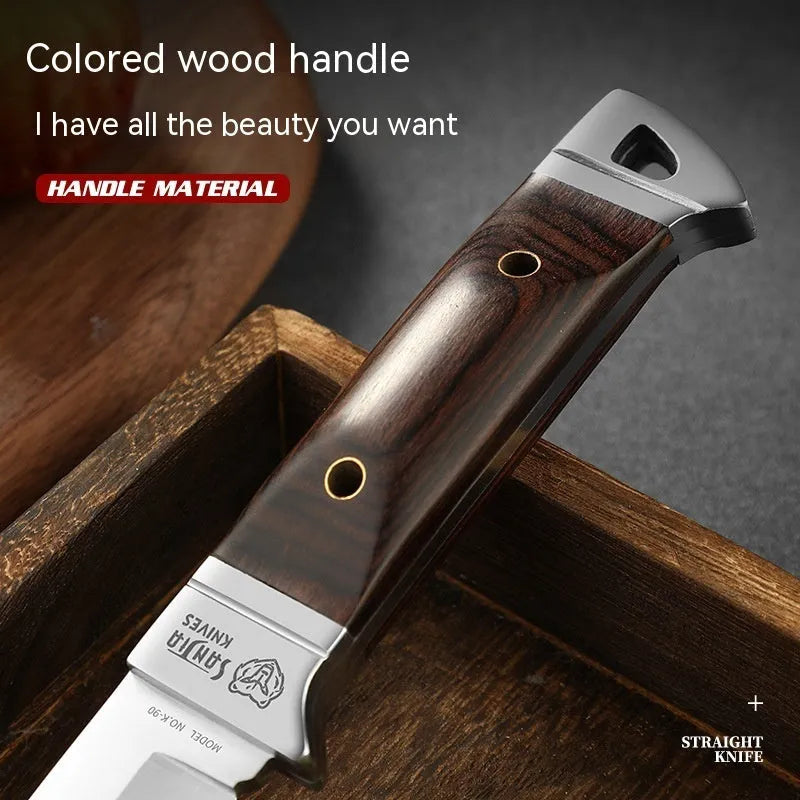 Camping multifunctional portable fruit knife with leather case and stainless steel blade