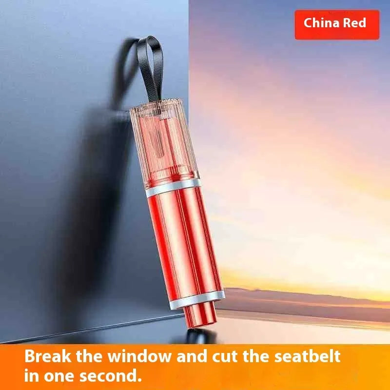 Black and red car safety life hammer with spring-loaded steel tip for emergency window breakage