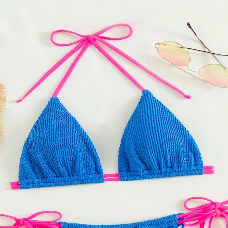 Women's lace up swimsuit bikini set in nylon fabric available in multiple colours