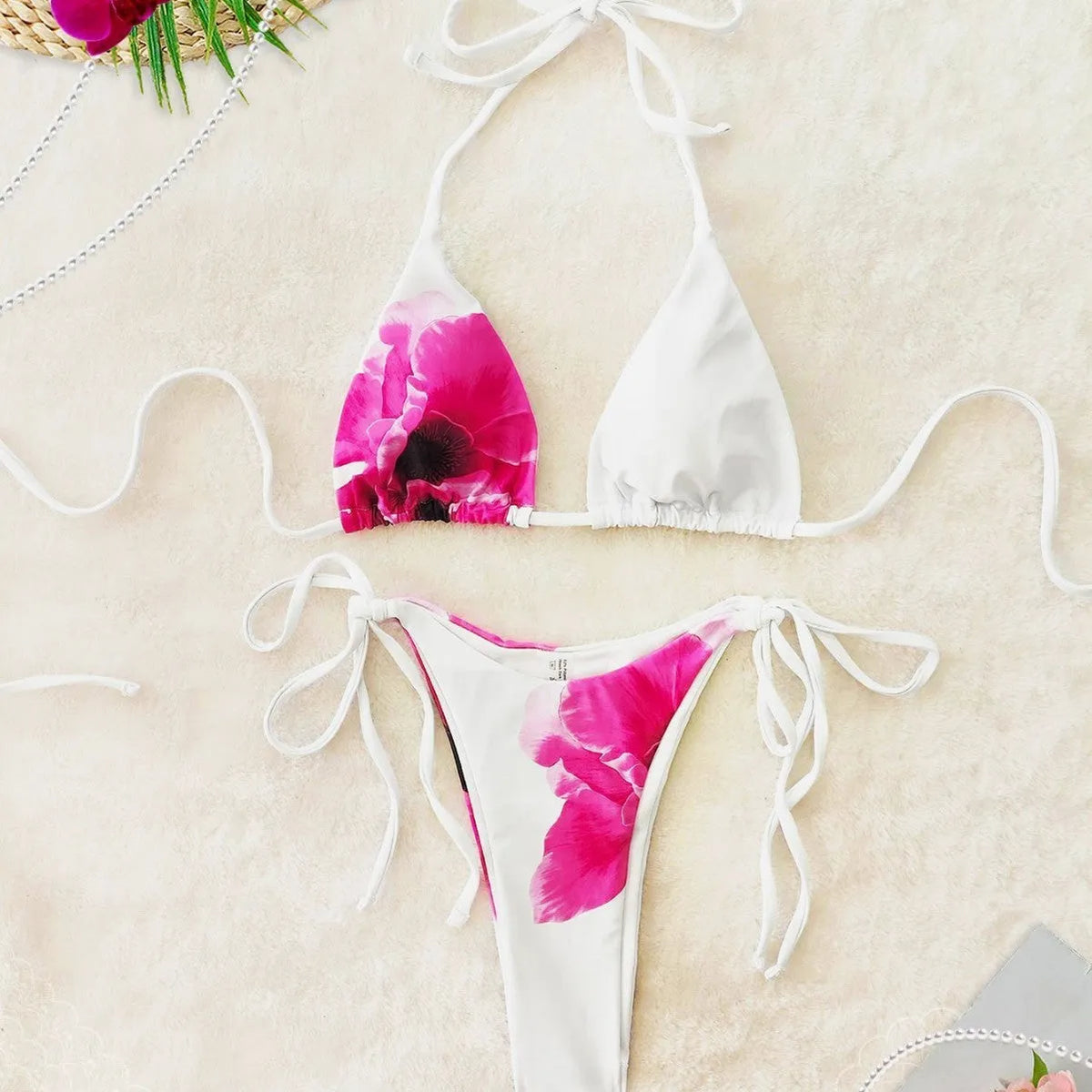 White printed bandage skirt bikini swimsuit for women three-piece set polyester fibre