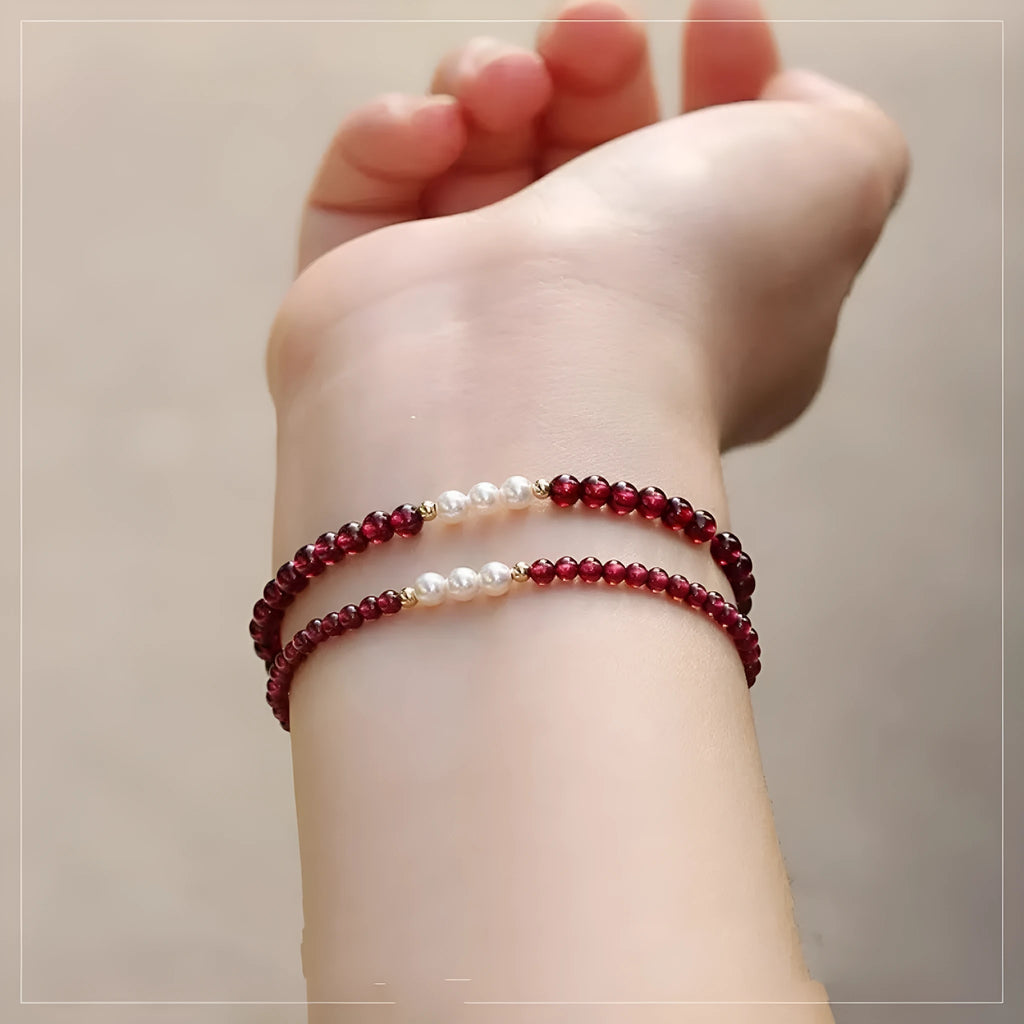 Women's garnet crystal bracelet with artificial pearls in 3mm or 4mm bead sizes