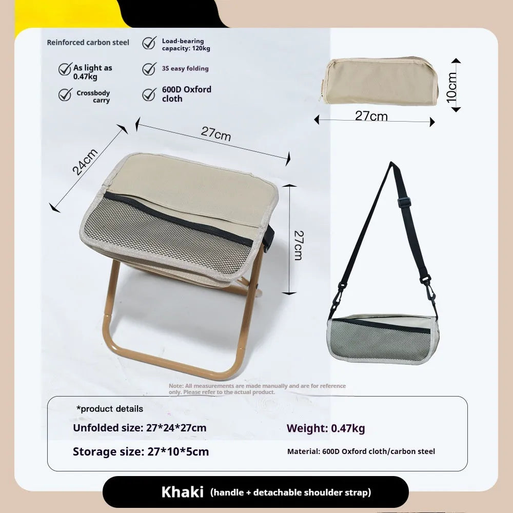 A folded lightweight camp stool with an Oxford cloth seat in a choice of colours.