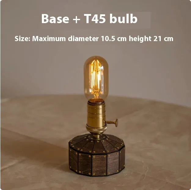 Retro glass USB charging bedside lamp with wooden base and ST64 style bulb
