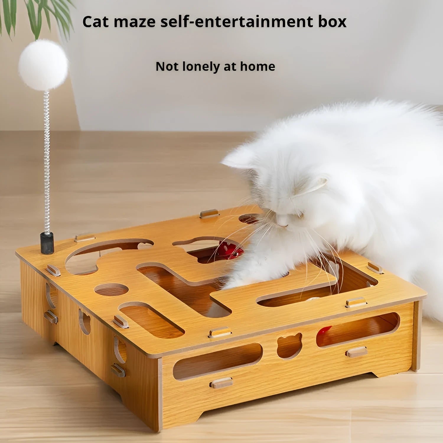Large wooden cat teasing maze box with teasing stick and two bell balls for interactive play