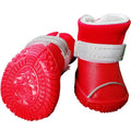Red and coffee PU waterproof rain boots for small dogs with non-slip sole, available in sizes 1-5