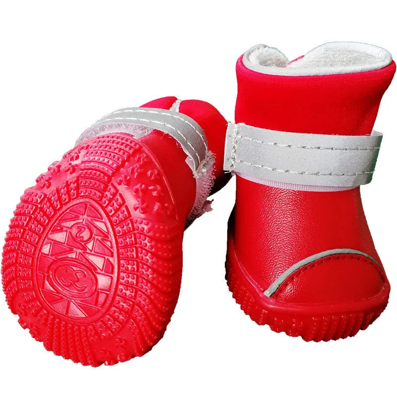 Red and coffee PU waterproof rain boots for small dogs with non-slip sole, available in sizes 1-5