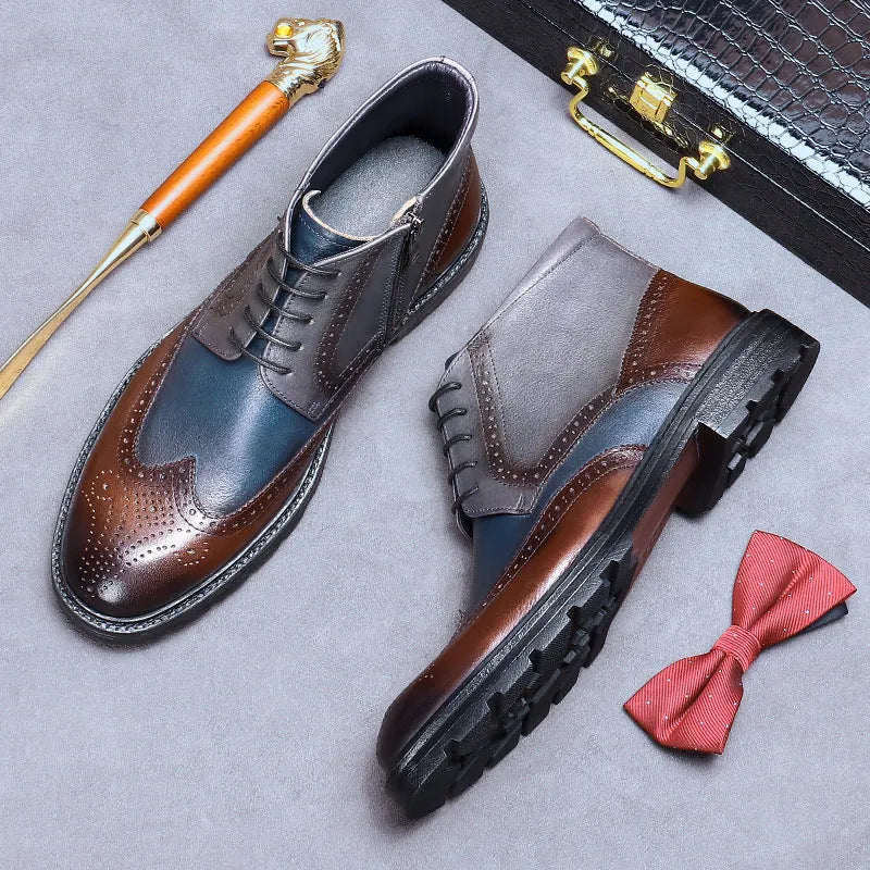 Men's coffee blue leather brogue boots with stitching detail and square low heel