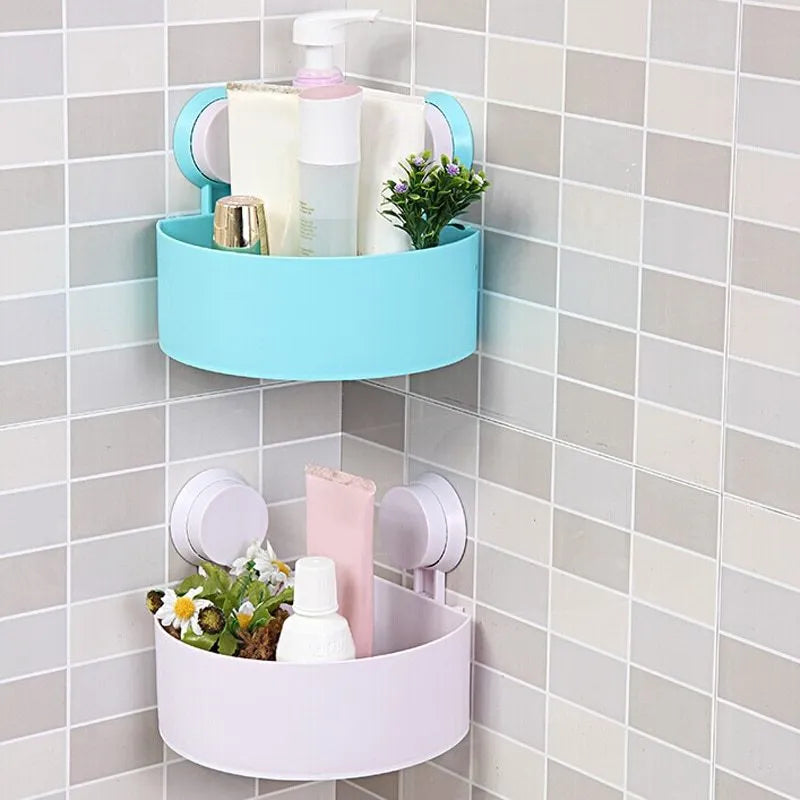 Triangle ABS plastic bathroom corner shelf with double sucker brackets and water drain holes
