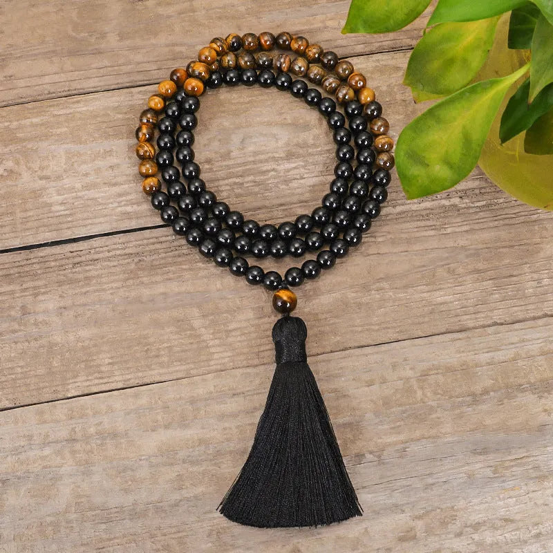 Tiger eye stone tassel necklace and bracelet set with ball bead chain and drop pendant