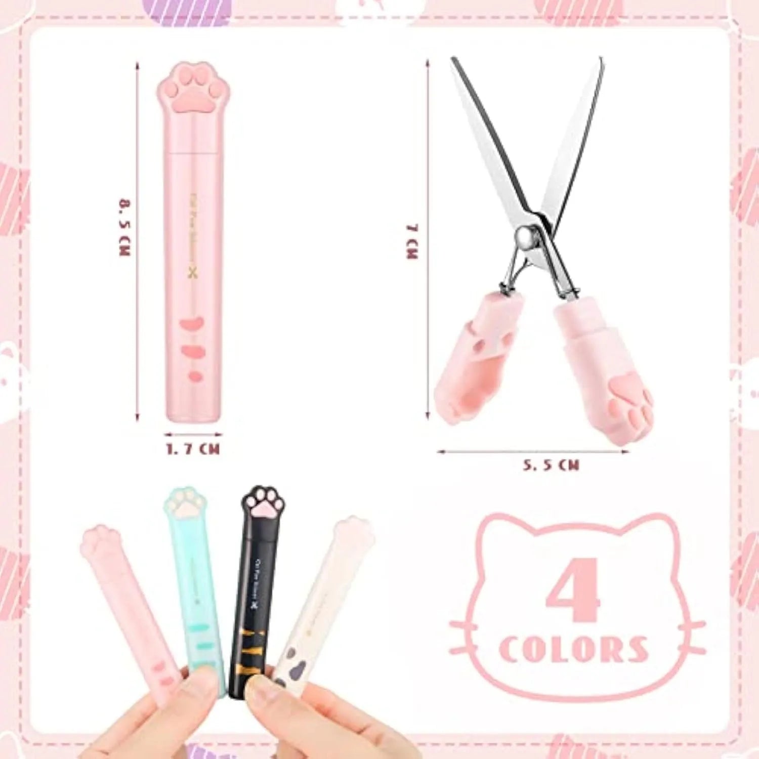 Cat paw design mini folding scissors in four colours showing stainless steel blades