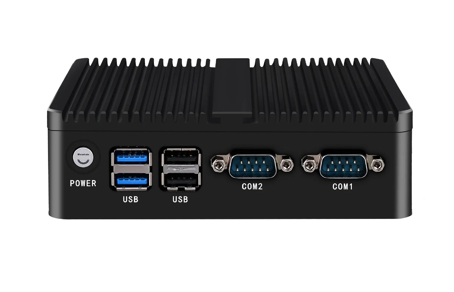 Compact industrial fanless mini PC with metal case, showing rear ports and small 13.6x12.7x4cm size.