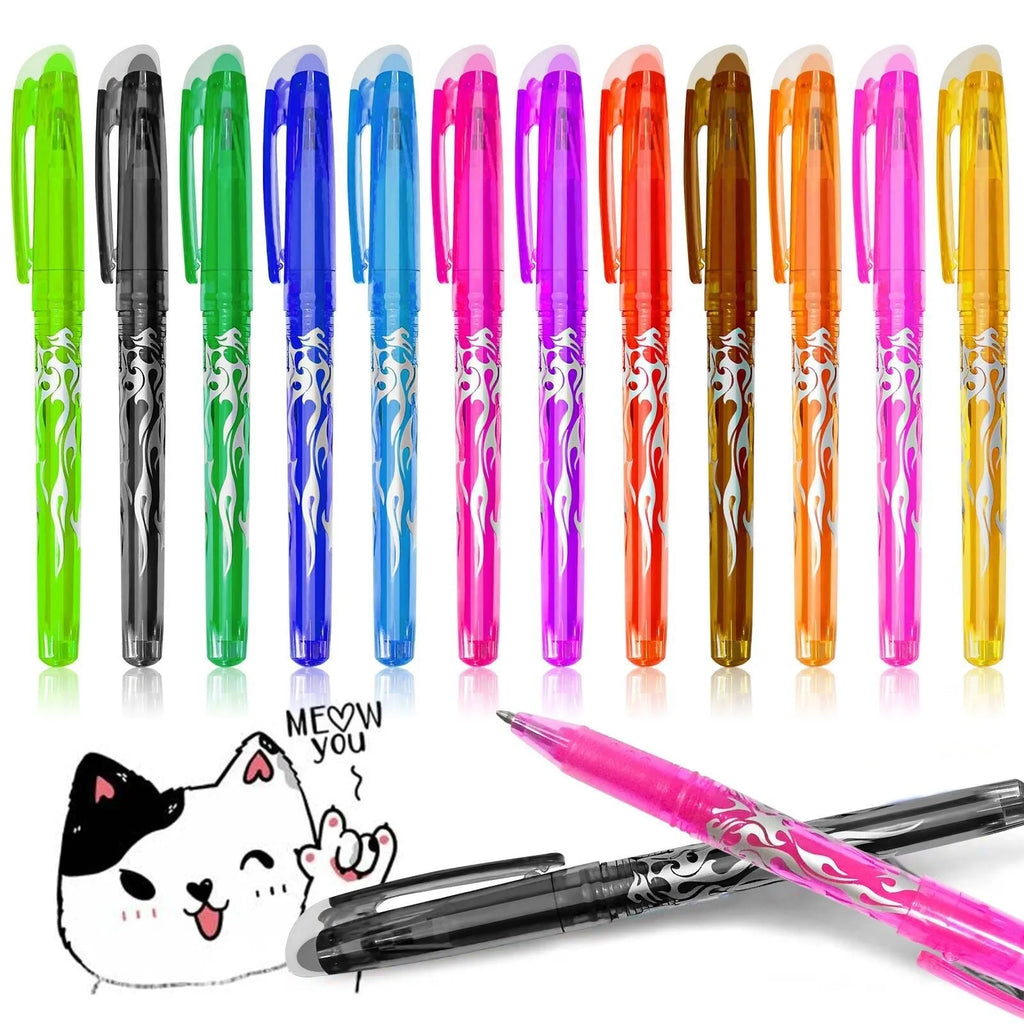 Heat-erasable gel pen set with multiple colours showing plastic shell and stainless steel nib options.