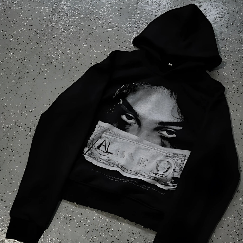 Black women's hoodie with cartoon pattern print, loose fit design
