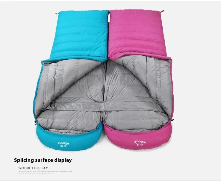 Black outdoor down sleeping bag with envelope structure for adult campers.