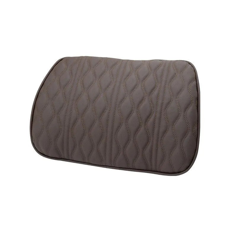 Memory foam car headrest and waist rest set in black leather and knitted fabric on a car seat