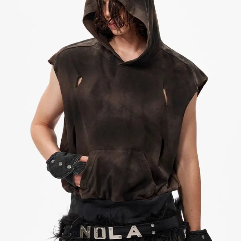 Khaki coloured sleeveless cotton hooded vest on a hanger