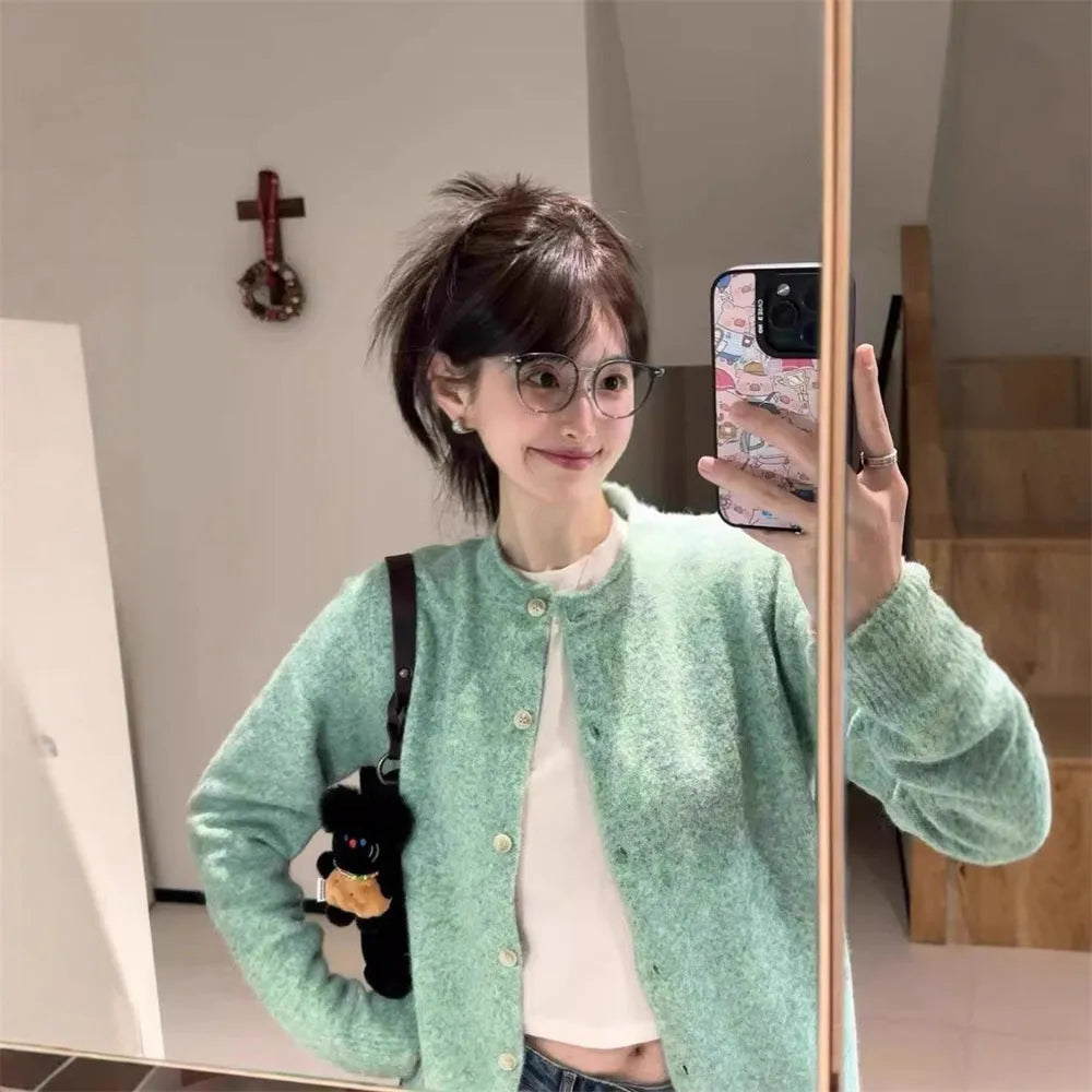 Loose lazy style knitwear top for women, cardigan with splice detail, long sleeves, free size, polyester fabric