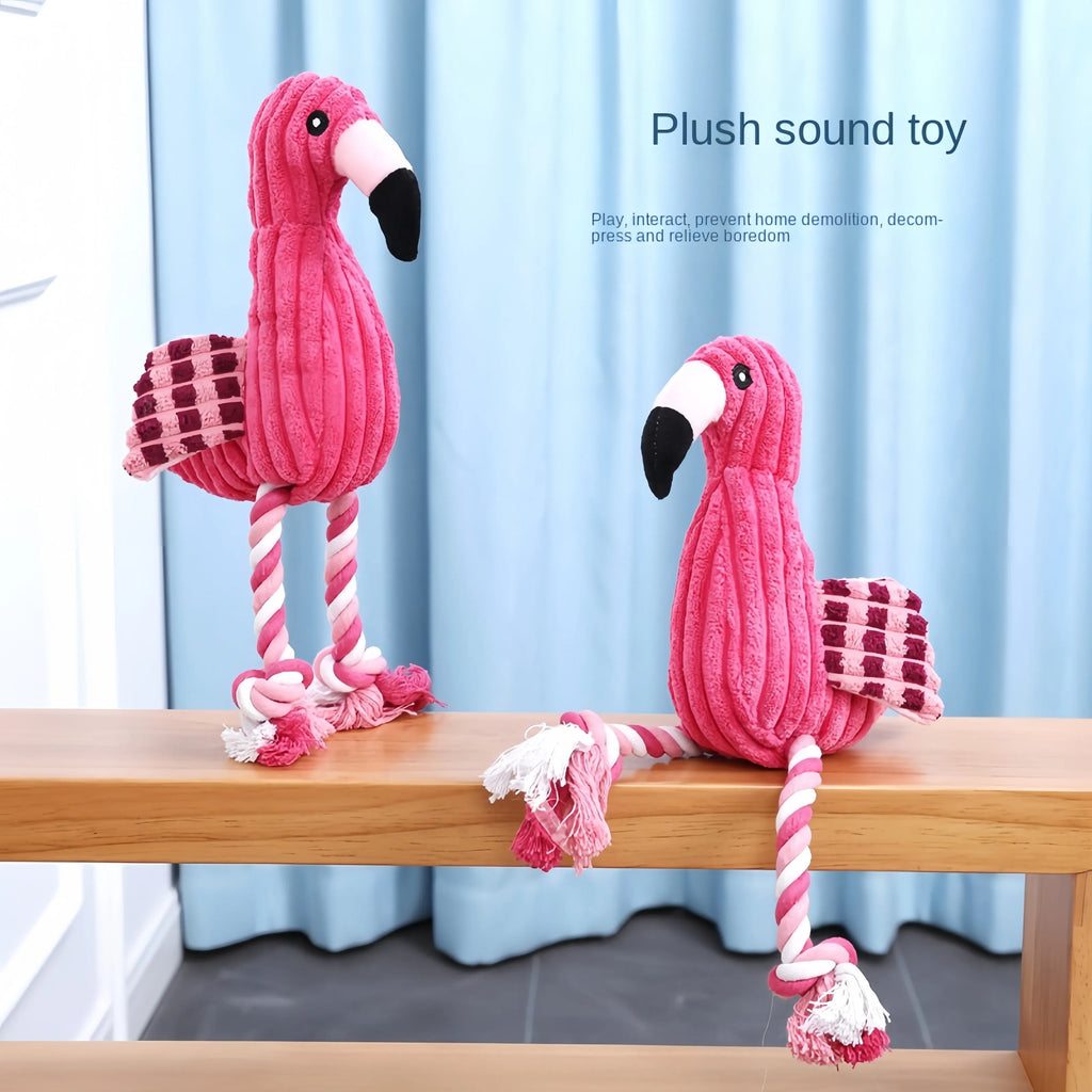 Pink animal-shaped corduroy squeaky dog toy with plush construction