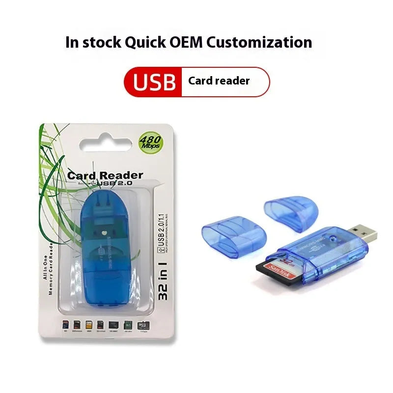 Transparent plastic USB card reader with LED light option on desk