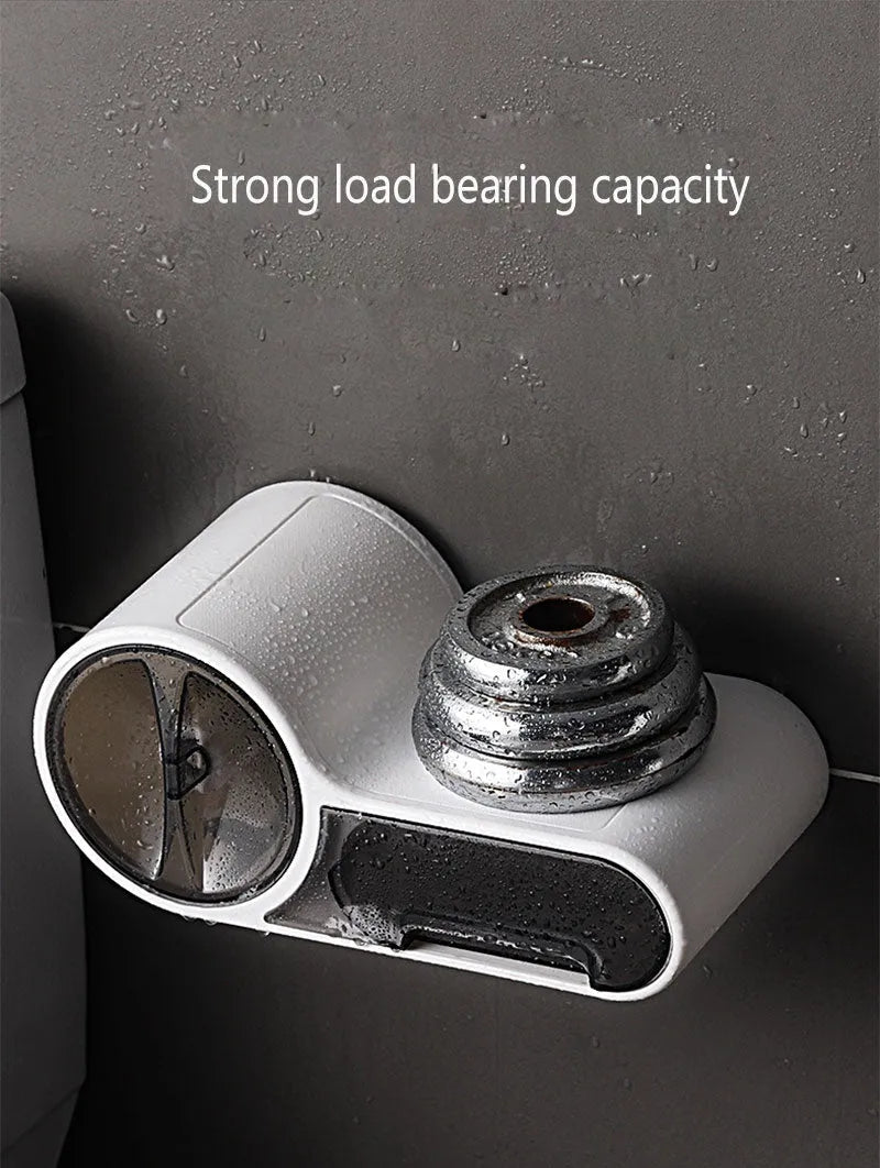 White plastic toilet roll holder with streamline curve design for no-drill bathroom installation