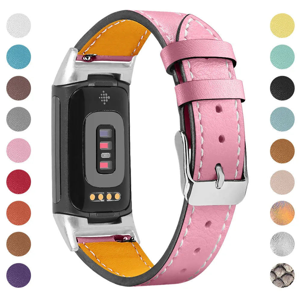 Genuine cowhide leather replacement strap for Fitbit Charge 5 and Charge 6 smartwatches in various colours.