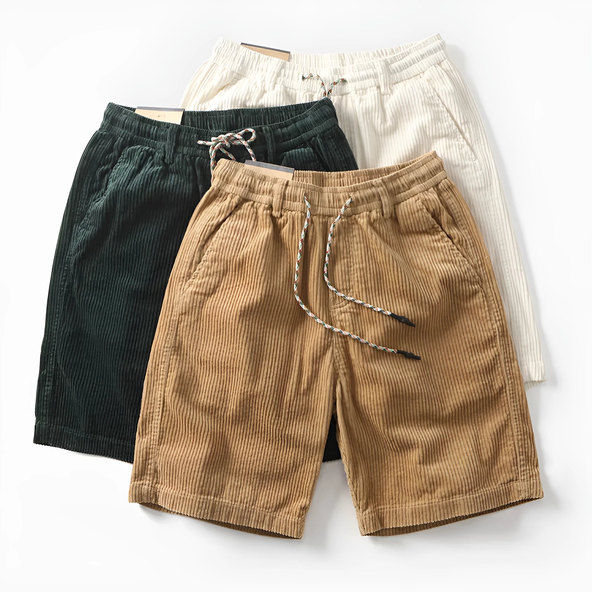 Men's khaki cargo shorts with straight leg fit and fifth pants length, showing multiple cargo pockets