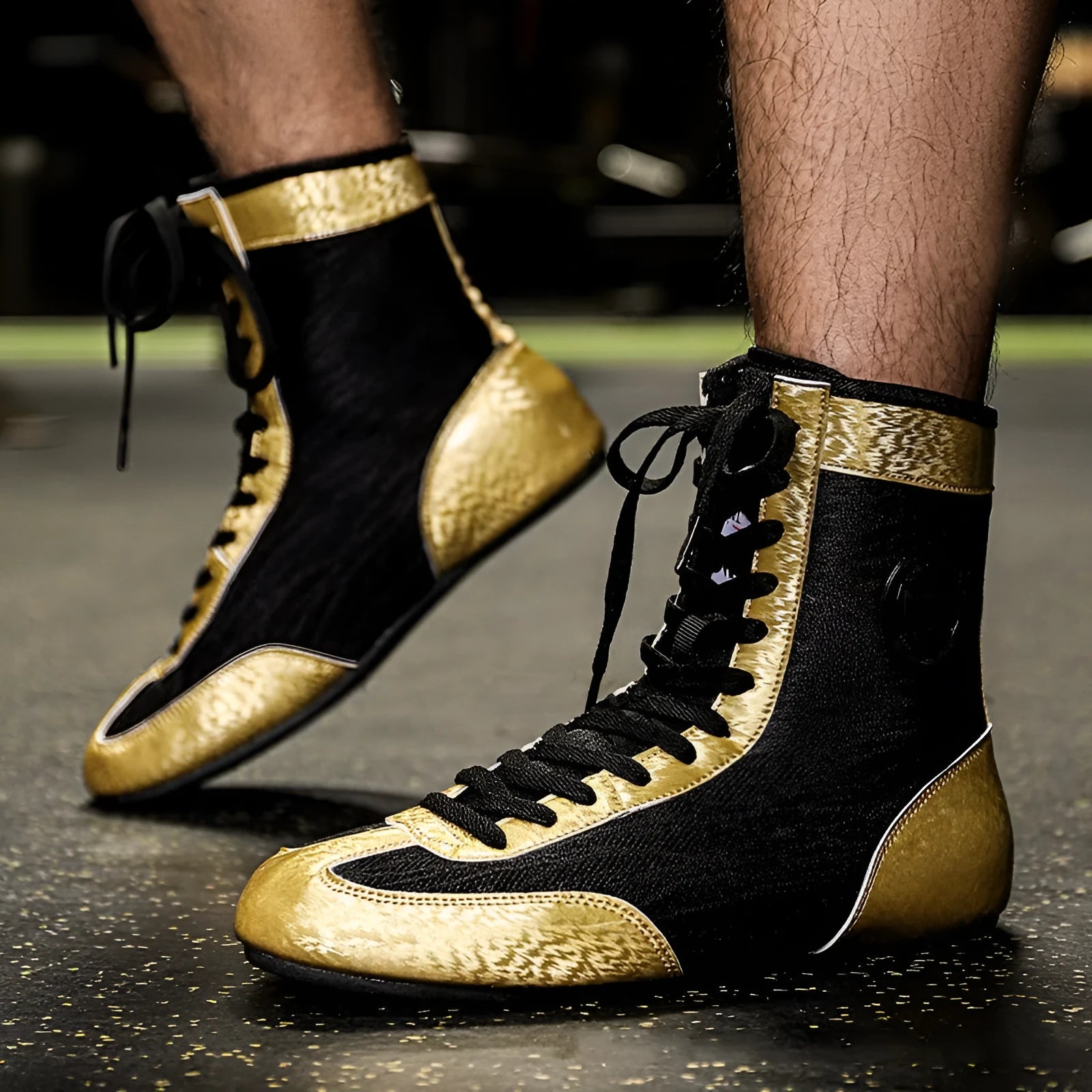 Black gold mesh professional boxing shoes with white leather accents and rubber sole