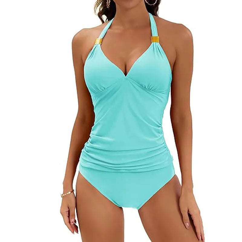 Women's red halter neck two piece swimsuit with tie-side bikini briefs on a mannequin