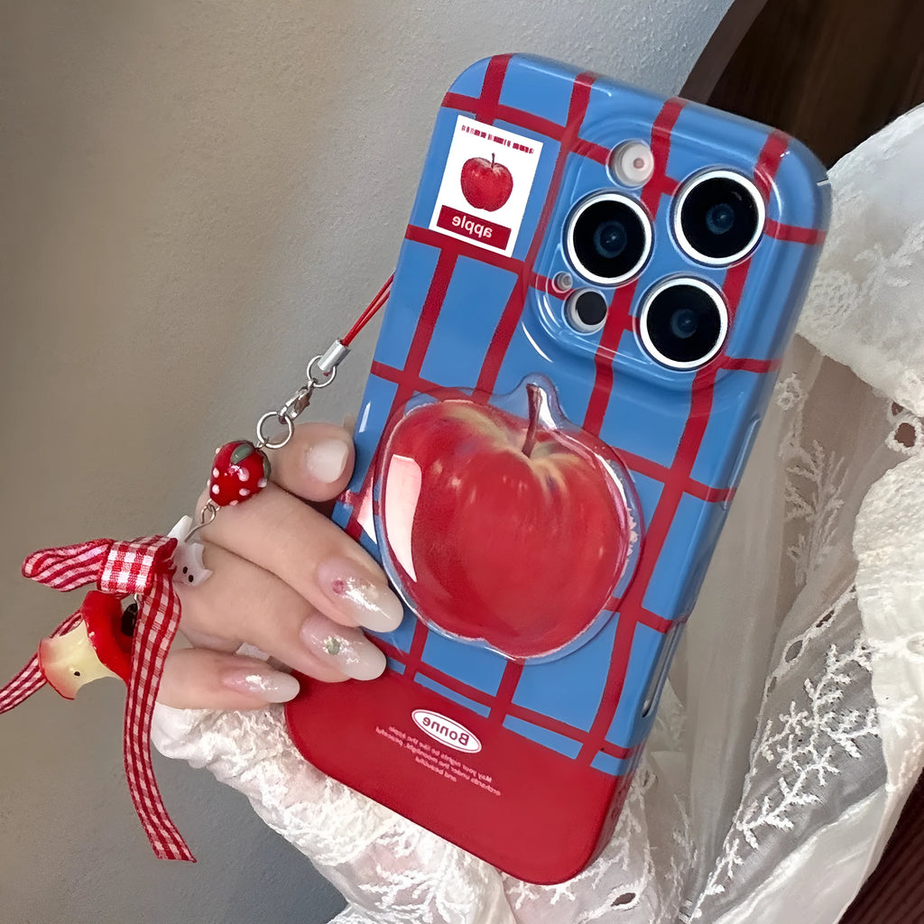 Color-block checkered 3D fruit print full-coverage phone case with little cat pendant for iPhone blue red grid