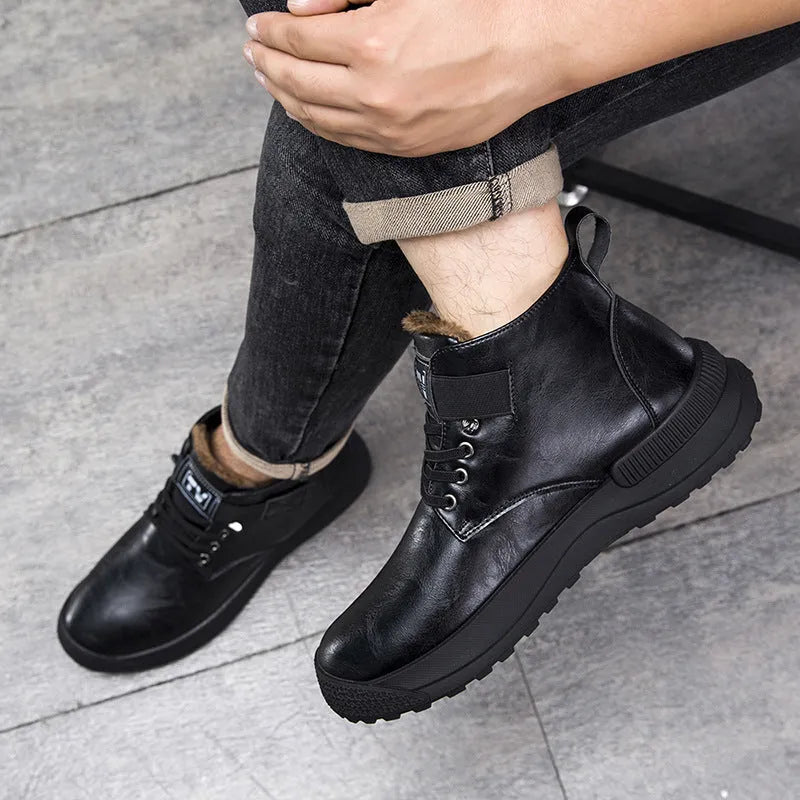 Black platform Martin Boots with velvet-style artificial PU upper and high-top design